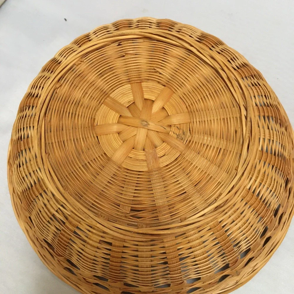 Woven Wicker Basket 8.5in Tan Round Lattice Boho Decor Cottagecore Beach Coastal